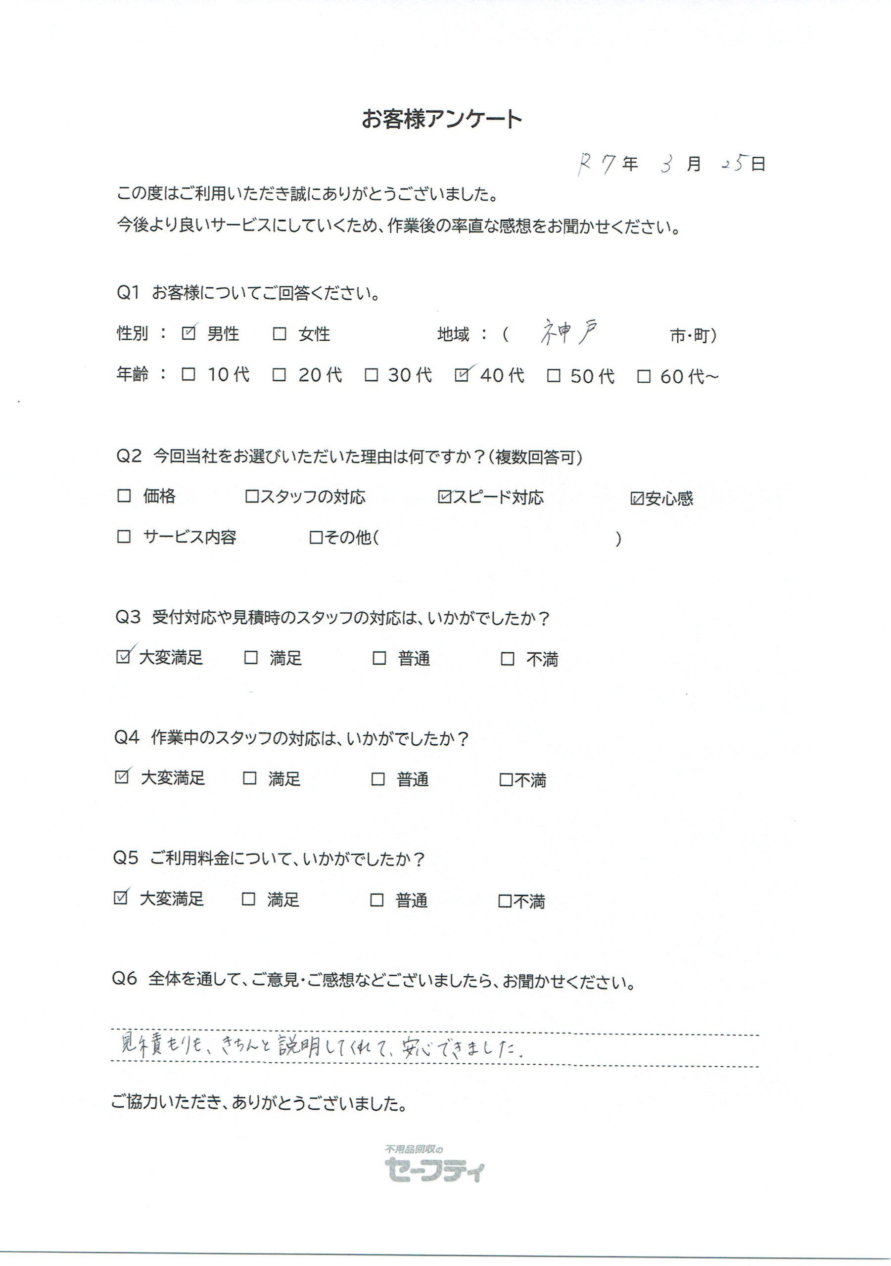 神戸市Eさま（不用品回収ご利用のお客様アンケート）