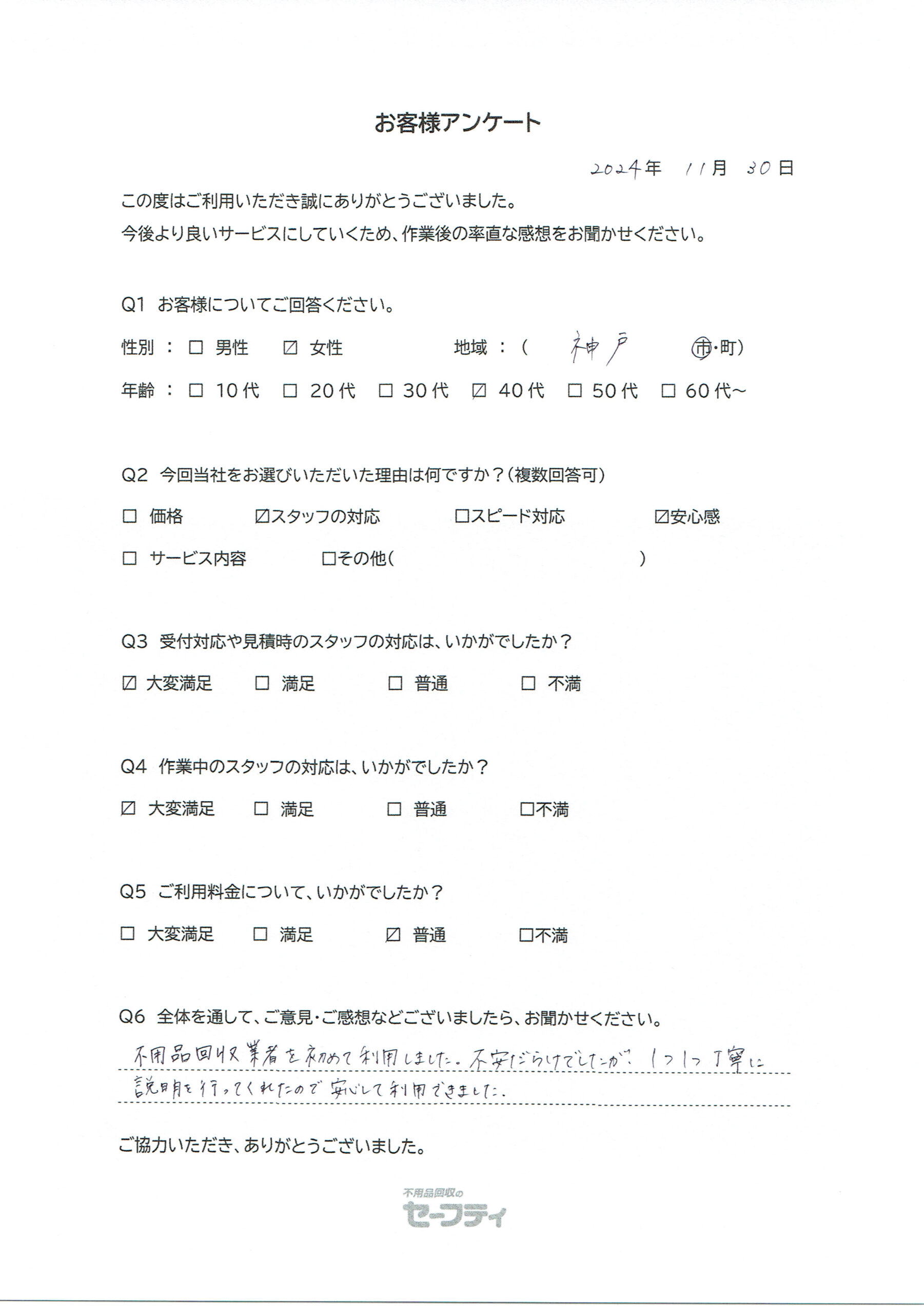 神戸市Ｔさま（不用品回収ご利用のお客様アンケート）