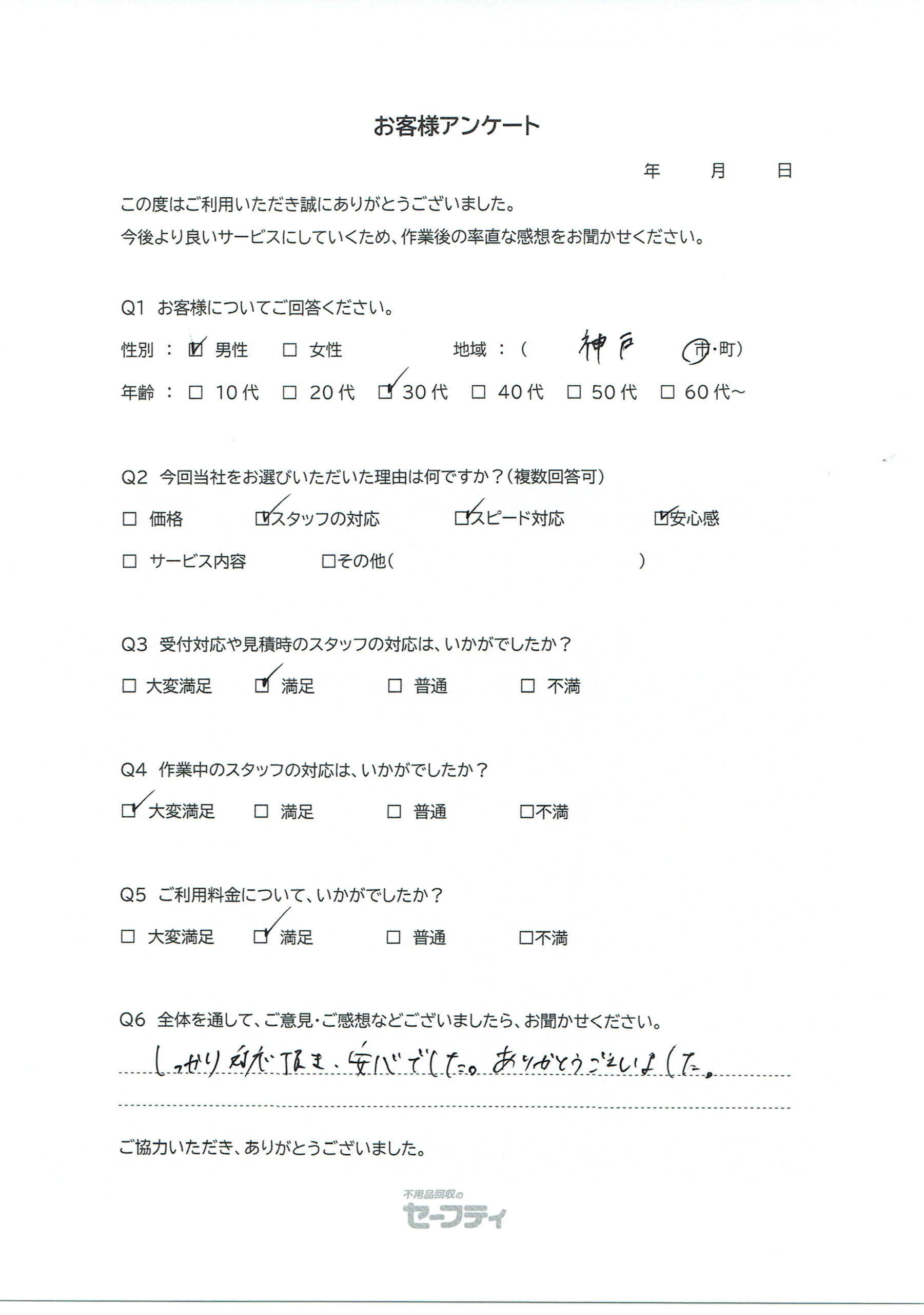 神戸市Aさま（遺品整理ご利用のお客様アンケート）