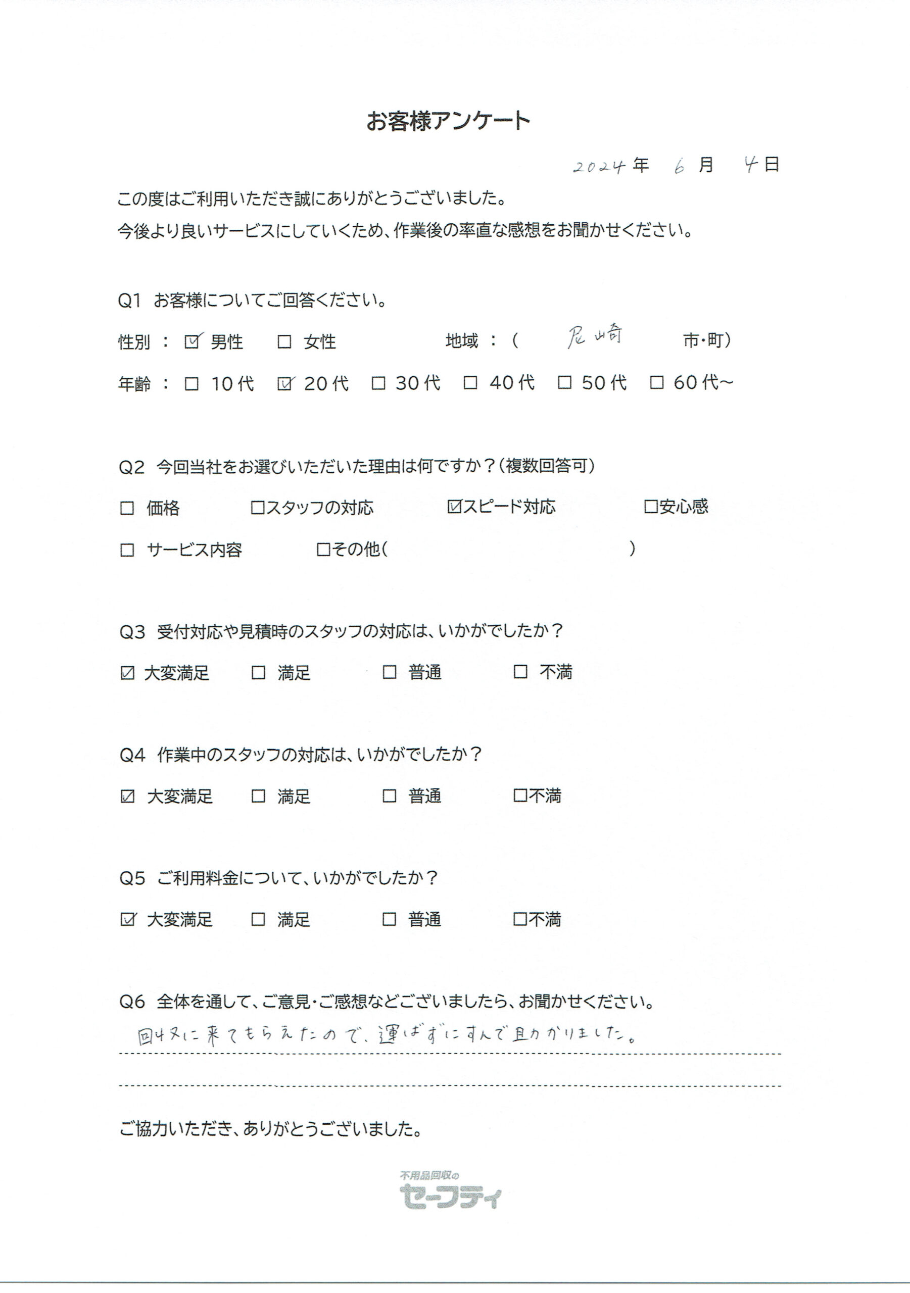 尼崎市Mさま（不用品回収ご利用のお客様アンケート）